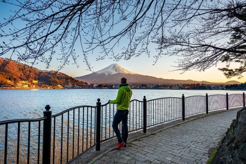 Tourist on Kawaguchi Lake waterfront, view of Mount Fuji volcano at sunset, Yamanashi Prefecture,