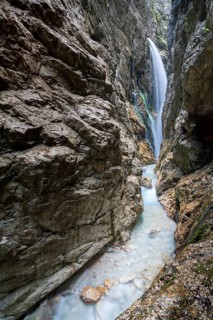 Waterfall and Hammersbach mountain stream in the Höllentalklamm, Höllental, near Grainau,