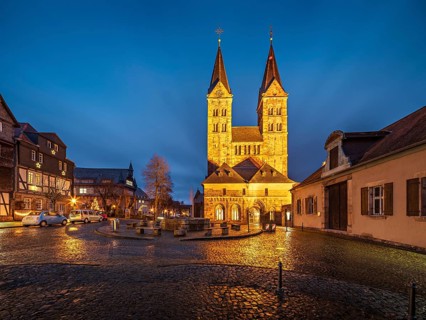 The cathedral in the historic old town in the evening, cathedral square with cobblestones,