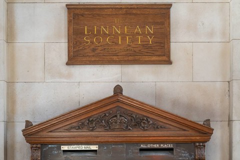 Linnean Society of London wooden plaque, Burlington House, Piccadilly, London, England, Great