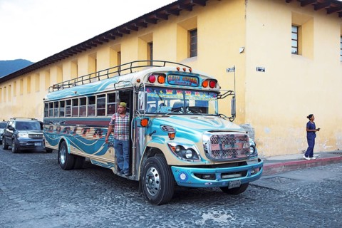Colorful bus in the old town, Antigua, Sacatepéquez Department, Guatemala