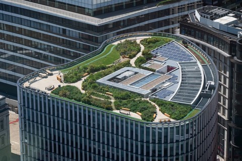 Modern building with green roof and solar panels seen from Sky Gardens, Upper Thames Street and