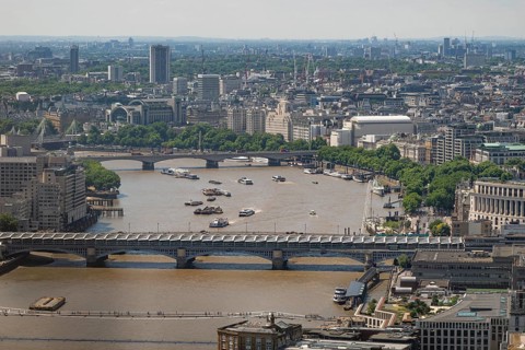 View of the Thames and London city center with bridges and boats, London, England, Great Britain