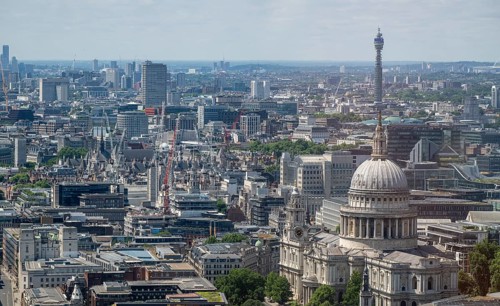 View of London city center from Sky Gardens with St. Paul's Cathedral and BT Communication Tower,