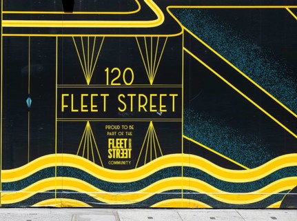 Graphically designed Fleet Street lettering in yellow and black shades, London, England, Great