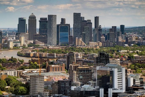 Modern skyline on the Thames, Canary Wharf complex, office building, Isle of Dogs, Tower Hamlets,