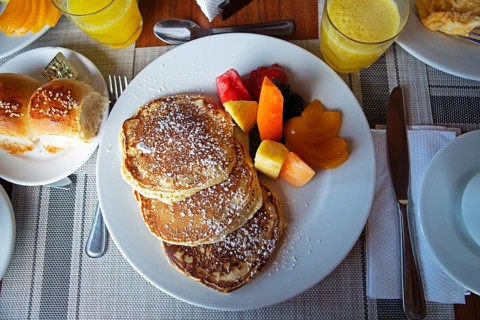 Pancakes or pancakes with fruit, breakfast in Guatemala, Antigua, Highlands, Sacatepéquez