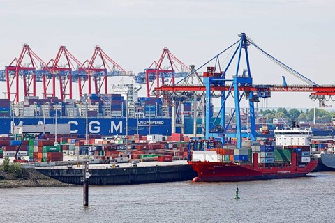 Container ship at the Burchardkai terminal on the Elbe in the Port of Hamburg, Hanseatic City of