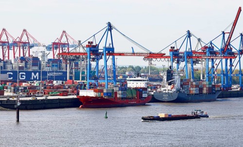Container ships at the Burchardkai terminal on the Elbe in the Port of Hamburg, Hanseatic City of