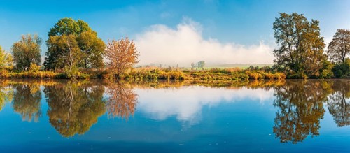 Autumn by the river Saale in the Lower Saale Valley nature park Park, fog in the background,