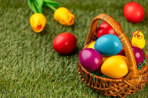 Colourful easter eggs in a basket in a meadow surrounded by flowers