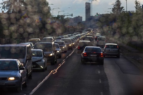 Evening rush hour when it rains, Klausenberg, Transylvania, Romania