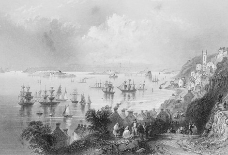Cove or Cobh Harbour, County Cork, South Ireland, bay, Atlantic, escarpment, village with church,