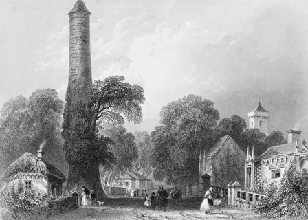 Street scene of a small town in Ireland, peaceful life, village idyll, dirt road, round tower,