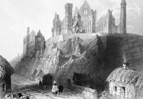 Gothic cathedral ruin on the Rock of Cashel, County Tipperary, Ireland, street, people, cottages,