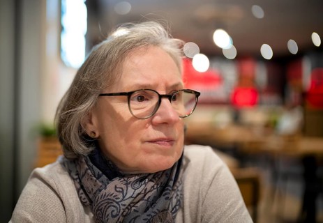 Elderly woman, portrait, glasses, gray hair, scarf, sitting in a bar, restaurant, Stuttgart,
