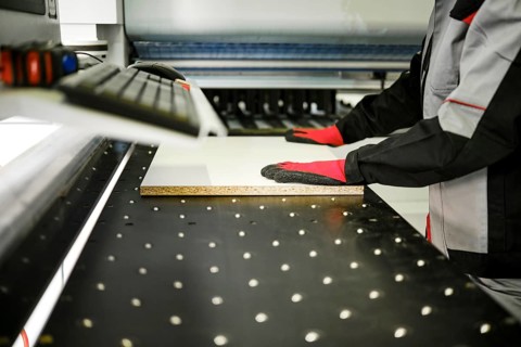 A person in gloves operates a machine that cuts a piece of material in a workshop. The workspace
