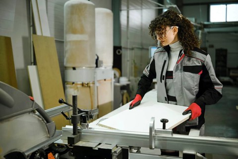Female worker stands in a workshop focused on cutting a wood board with a table saw. The person