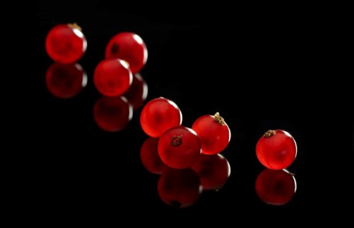Individual red currants (Ribes rubrum) against a black background, studio shot