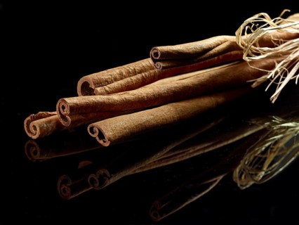 Several cinnamon sticks (Cinnamomum sp.) in front of a black background, studio shot