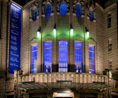 Balcony in front of theatre, Altes Schauspielhaus, façade, illuminated, Stuttgart,