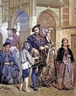Noble people come out of the church and give alms to the poor, after the church beggars, donations/