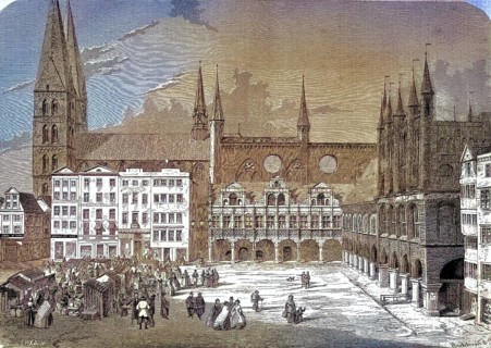Town Hall and St. Mary's Church and Hospital of the Holy Spirit, Lübeck, Market Square,