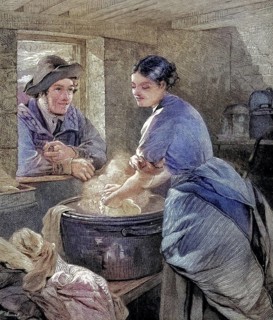 Woman doing housework, washing clothes, young man looking through the window and trying to flirt