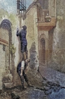Courtship of a young man in Spain standing on the shoulder of his friends and talking to a young