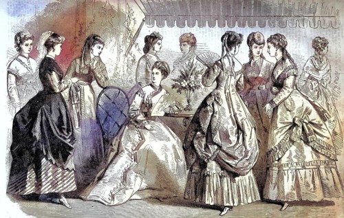 The summer fashion of the distinguished ladies in Germany around 1860, woman in gowns at home/The
