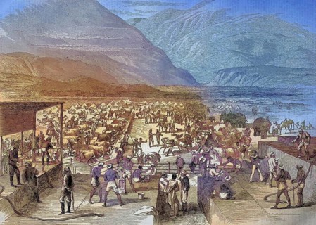 Abyssinian expedition from 1868, British troops at the waterhole in Zulla, Zula, Ethiopia,