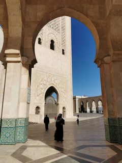 Impressive view through arcades of a mosque with ornate patterns, Casablanca, Morocco