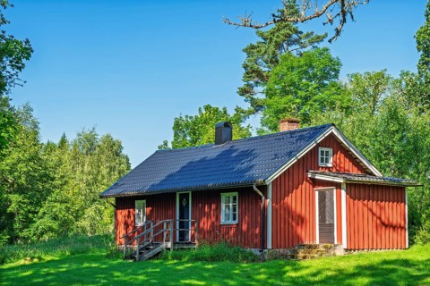 Red wooden country house with dark roof on green lawn surrounded by trees and forest under clear