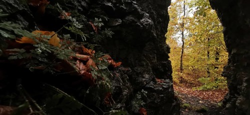 View from a dark cave of bright autumn leaves and trees, Franconian Forest nature park Park