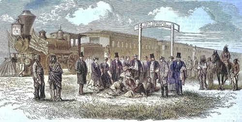 The railroad in America, here a train station in the Prairie, Union Pacific Railroad/The Railroad
