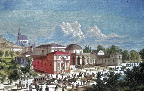 Carriages and people in front of the old bathhouse in Salzburg, Austria/coaches and people infront