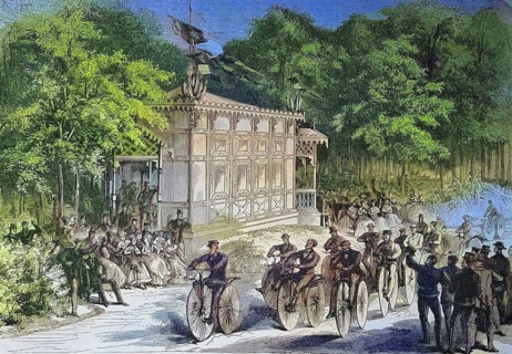 A velocipede race in Pre Catalan, Paris, France, velocipede is a human-powered land vehicle with
