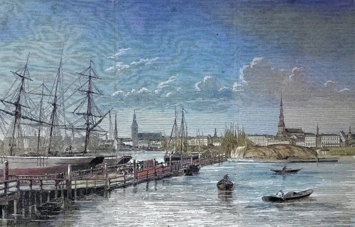 Port view of Riga, Latvia/harbour view of Riga, Latvia, historical, digitally restored reproduction