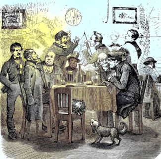 Politicians discussing in a living room, historical, digitally restored reproduction of an original