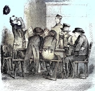 Männer in einer Bauernstube/Men in a Farm Room, historical, digitally restored reproduction of an