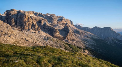 Mountain peaks of the Brenta Mountains at sunset, Alpenglühen, mountain landscape on the Grosté