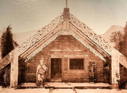 Taewahki can be seen on the right side of the porch of the meeting house, which the company J.F.G.