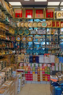 A lively gift shop full of colorful plates and traditional Turkish decorations, Konya, Central