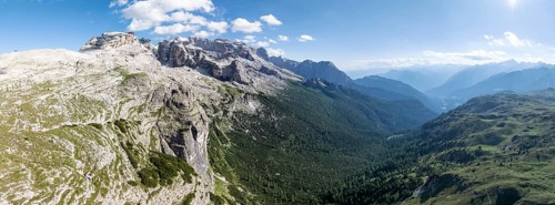 Impressive mountain peaks of the Brenta Mountains, 360 degree alpine panorama, evening mood, aerial