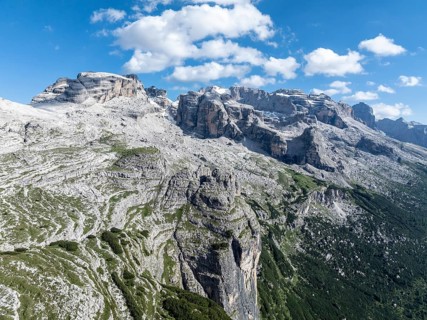 Impressive mountain peaks of the Brenta Mountains, 360 degree alpine panorama, aerial view, Brenta,