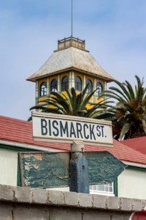 Bismarck Street, Wörmann House in the back, historic German colonial building, Swakopmund, Erongo