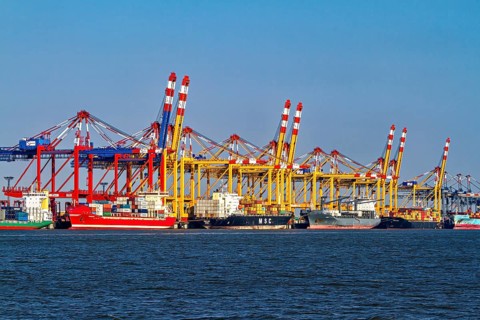 A busy port full of colorful cranes and container ships lying on the shore, The cranes of Bremen's