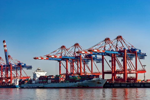 Cargo ship is unloaded by red and blue cranes in the harbor, everything under a blue sky, The