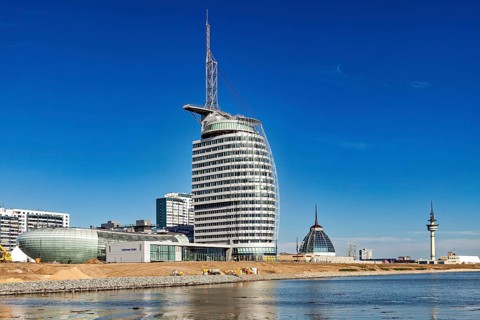 Modern high-rise building on the coast with clear blue sky, The City of Bremen