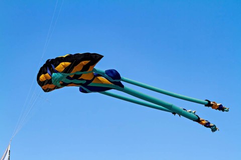 A colorful kite flies high in the blue sky in sunny conditions, a kite in the air